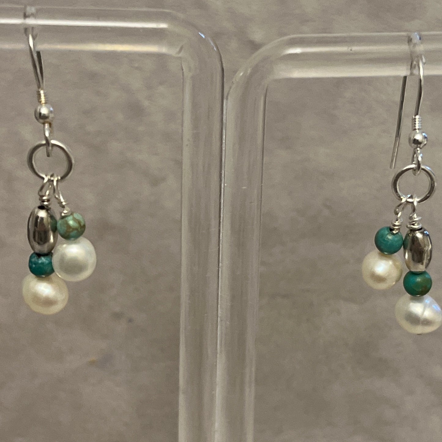 Double stranded cultured pearl and turquoise necklace and earrings set.