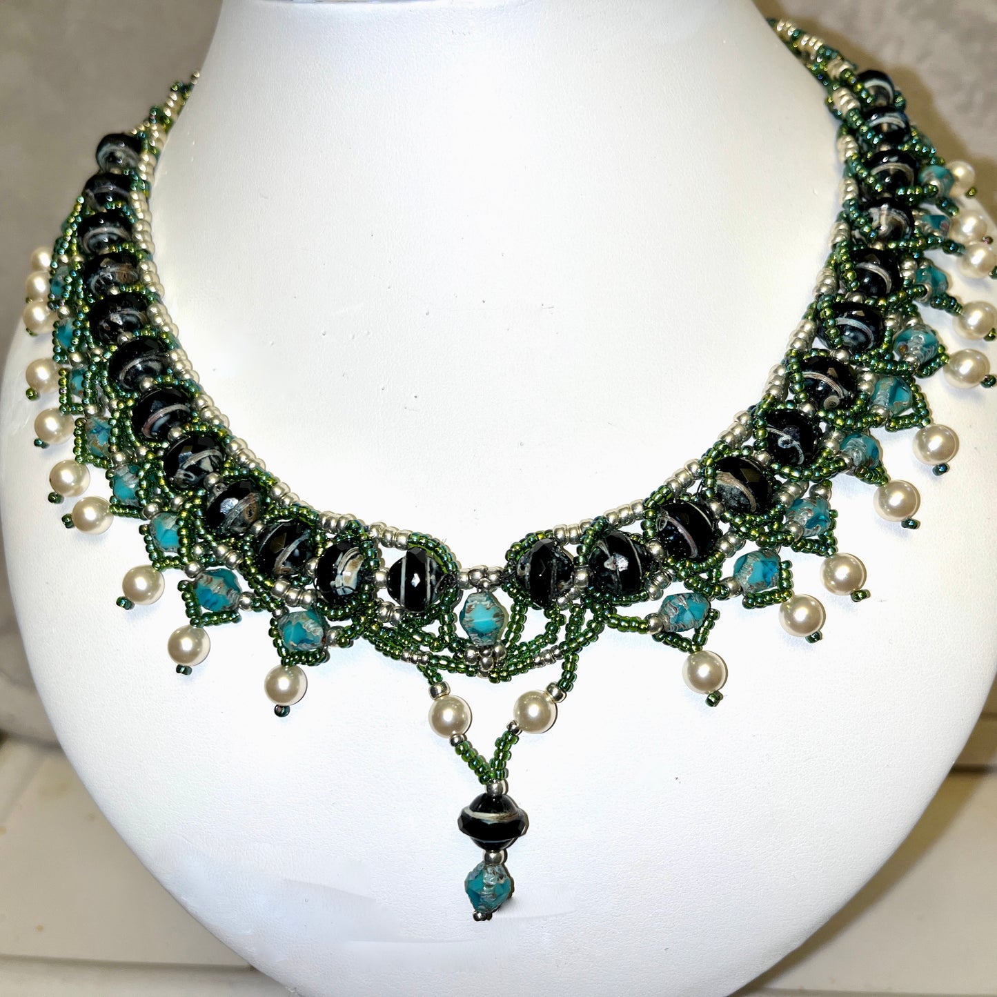 Edwardian inspired collar -jet and green colourway