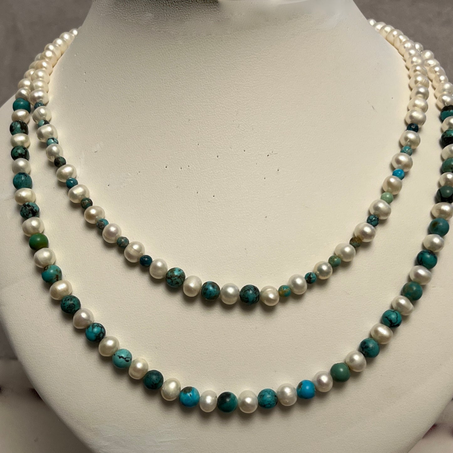 Double stranded cultured  pearl and turquoise necklace and earrings set.